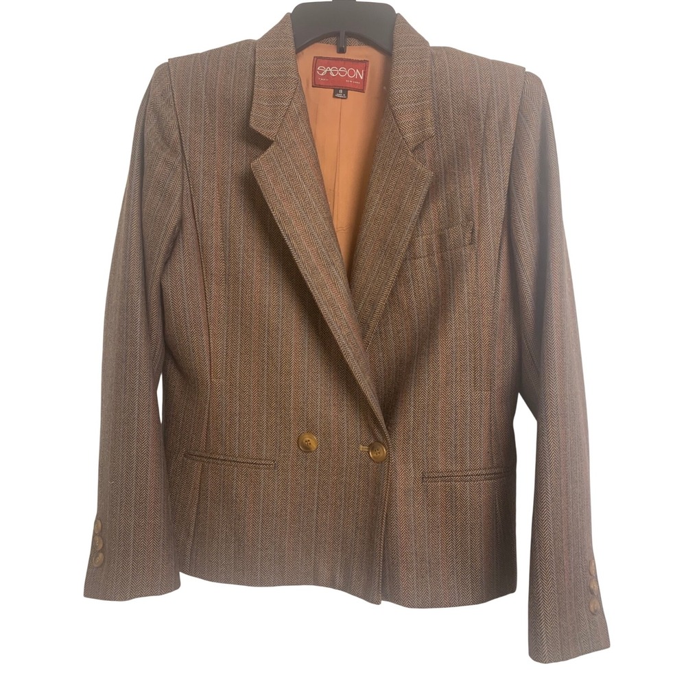 Vintage Sasson Wool Blazer Brown Chevron Stripe Cropped Size 8
